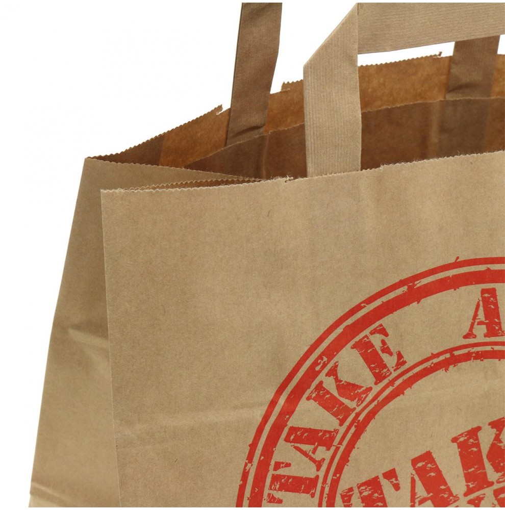 Draagtassen " Take away" van gekleurd kraftpapier met platte oren 2... Draagtassen " Take away" van gekleurd kraftpapier met platte oren 2...
