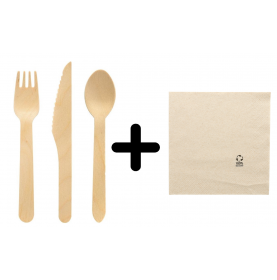300 x Couverts jetables en bois 16 cm + serviettes bio 33x33 cm - B...