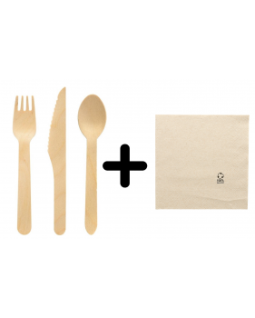 300 x Couverts jetables en bois 16 cm + serviettes bio 33x33 cm - B...