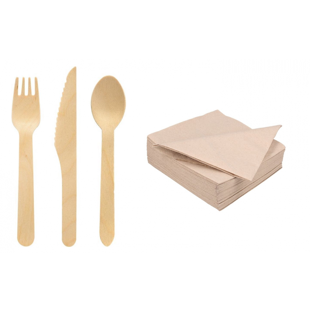 300 x Houten wegwerp bestek set 16 cm + bio servetten 33x33cm- Biol...