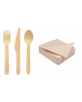 300 x Couverts jetables en bois 16 cm + serviettes bio 33x33 cm - B...