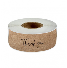 120 bruine stickers op rol " Thank you" 7,5 x 2,5cm  - Home