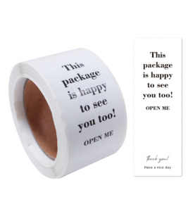 100 witte stickers op rol "This package is happy to see you too, op...