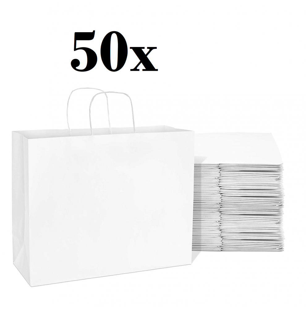 50 x Draagtassen van witte kraftpapier met gevlochten oren 26x17x25...