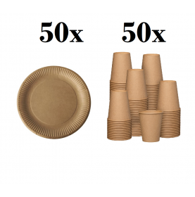 50 kartonnen borden 23cm + 50 kartonnen bekers 240ml-Wegwerp servie...