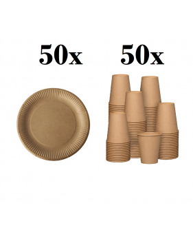 50 kartonnen borden 23cm + 50 kartonnen bekers 240ml-Wegwerp servie...
