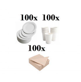 100 witte kartonnen borden 23cm + 100 kartonnen bekers 240ml + 100 ...