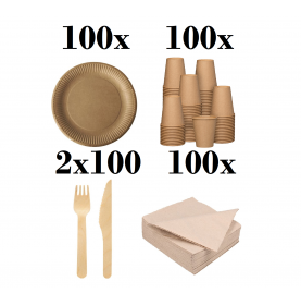 100 kartonnen borden 23cm +100 houten messen + 100 vorken + 100 kar...