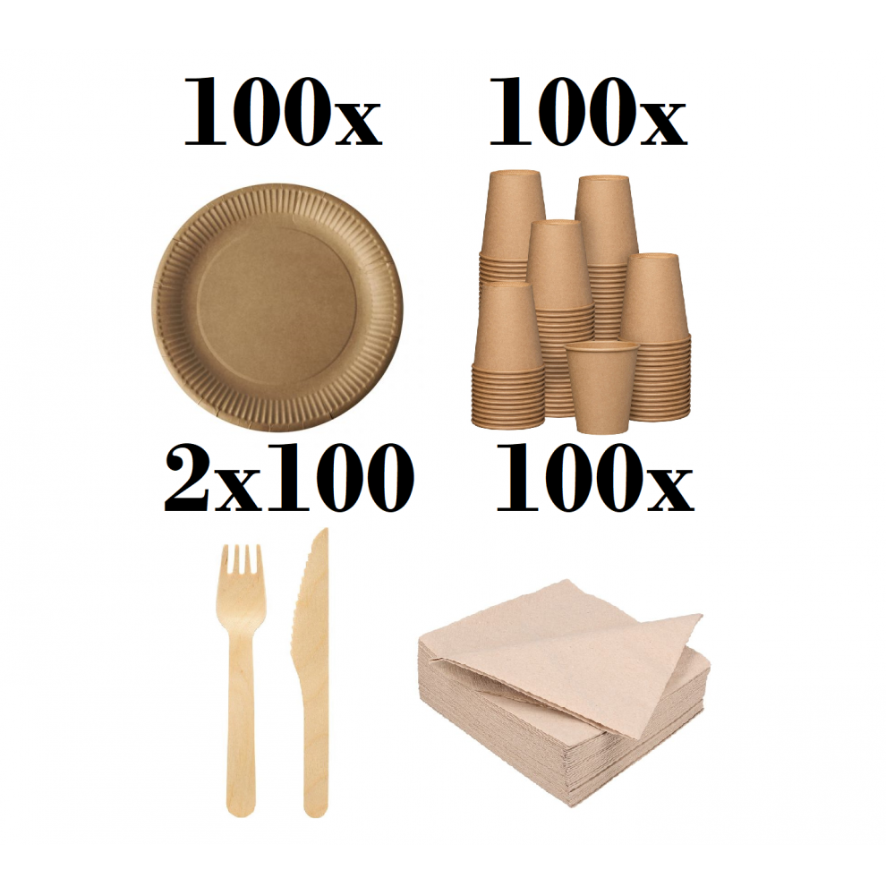 100 assiettes carton 23cm + 100 fourchettes +100 couteaux en bois+1...