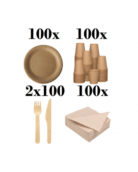 100 kartonnen borden 23cm +100 houten messen + 100 vorken + 100 kar...
