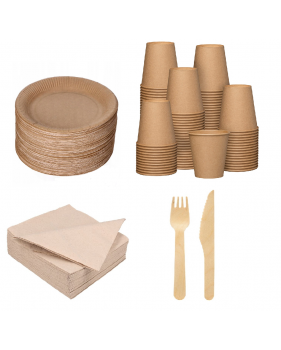 100 assiettes carton 23cm + 100 fourchettes +100 couteaux en bois+1...